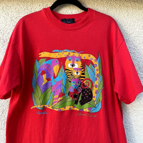 Vintage Laurel Burch Red Animalia Short Sleeve Tee OS M Single Stitch 90s Y2K - Picture 2 of 8